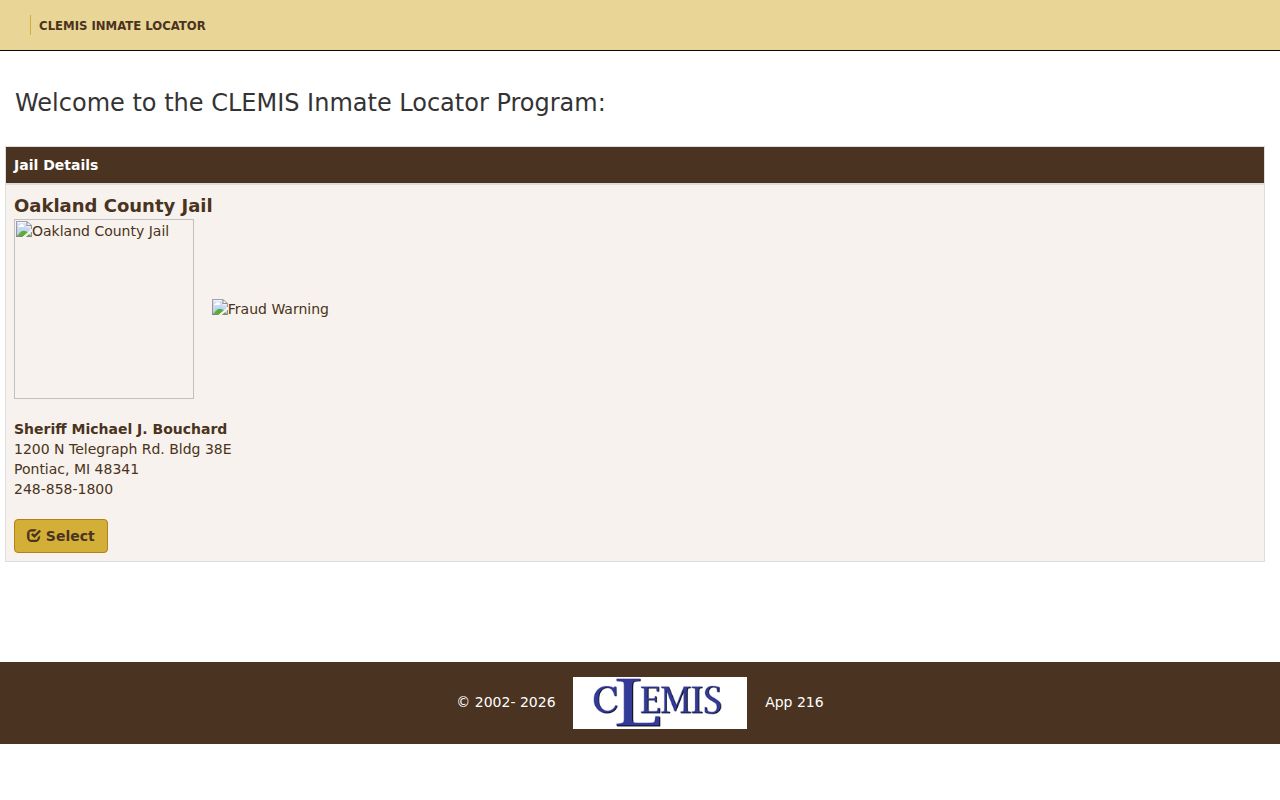Oak Park resident lookup Oakland County CLEMIS inmate locator notice