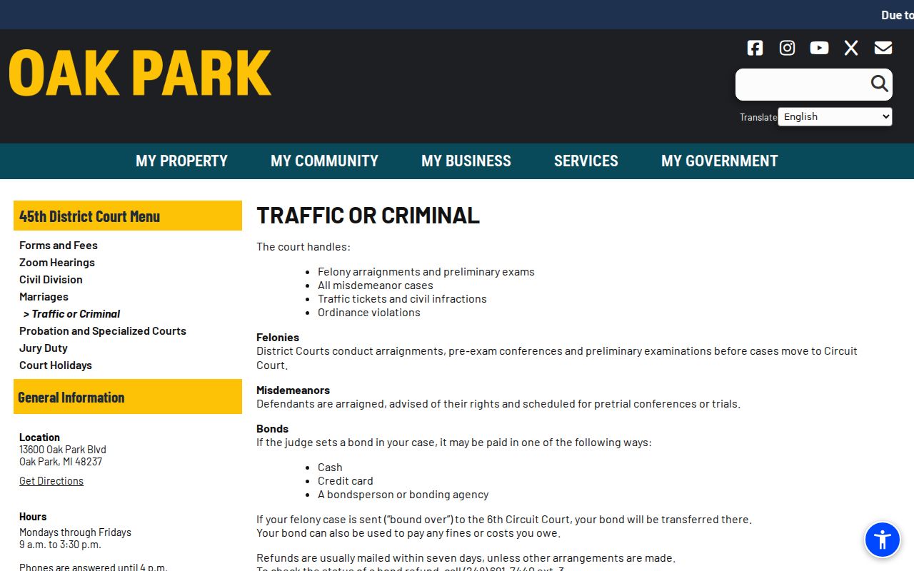Oak Park resident lookup 45th District Court record request information