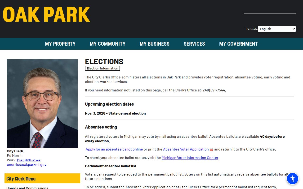 Oak Park resident lookup voter and City Clerk information